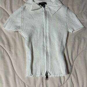 Forever 21 Cream Ribbed Zip-Up Top